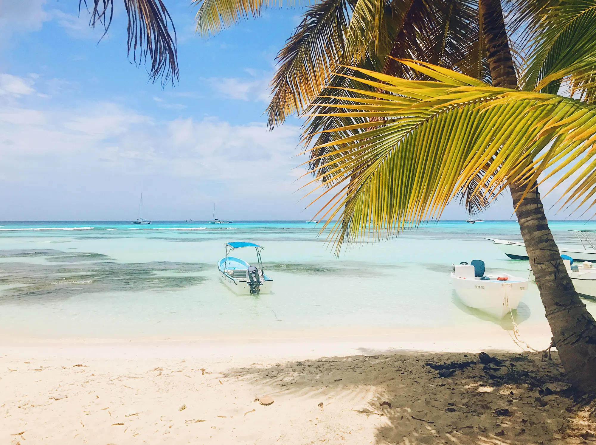 Palme e barche da pesca su una spiaggia caraibica